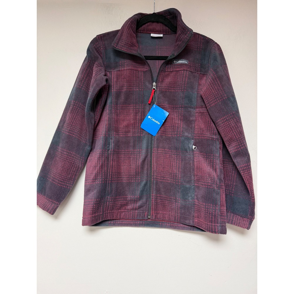 Columbia‎ Women Plaid Fleece Full Zip Jacket Burgundy Charcoal Size M